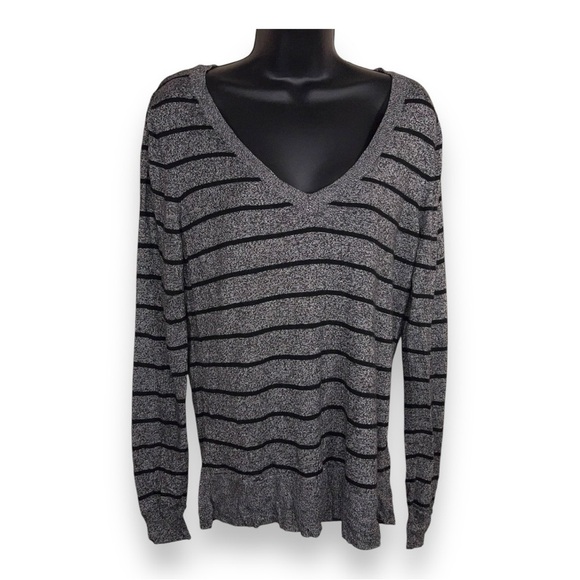 Large Mossimo Grey Black Striped Long Sleeve Sweater Vneck Knit Womens Academia - Picture 1 of 12